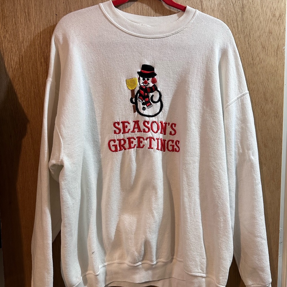 Embroidered Snowman Seasons Greetings Winter Holiday Christmas Crewneck